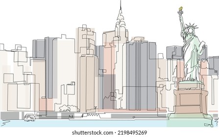 One continuous line art minimal vector New York cityscape statue of liberty harbor skyline 