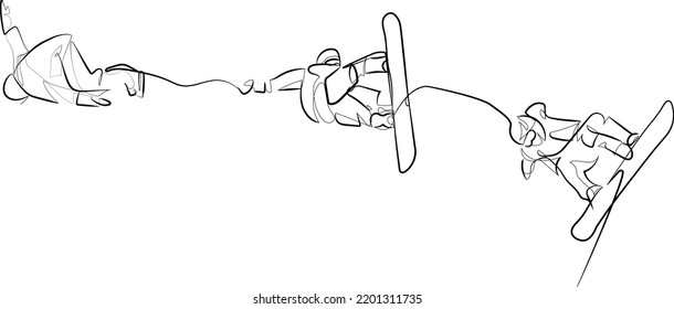 One continuous line art minimal art vector illustration extreme sport snowboarding spinning spins x games