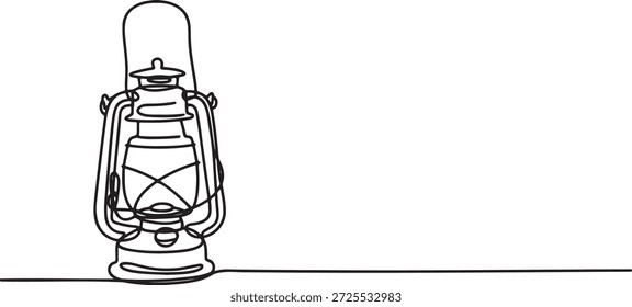 One continuous line art of an old kerosene lamp. Hand-drawn design capturing traditional lighting with a simple, elegant style. Vintage oil lamp. Single line drawing of a classic lantern. Old-fashioned lighting concept. Rustic illumination graphic. Simple antique lamp outline. Retro light source illustration. Minimalist vintage lantern art. Continuous stroke traditional lamp.