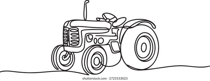 One continuous line art of an old tractor. Hand-drawn design capturing vintage agriculture with a simple, elegant style. Retro farm vehicle. Single line drawing of a classic agricultural machine. Old-fashioned farming concept. Vintage tractor graphic. Simple antique tractor outline. Traditional farm equipment illustration. Minimalist old tractor art. Continuous stroke classic farm machinery.