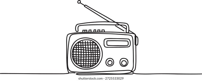 Un arte lineal continuo de una radio antigua. Diseño dibujado a mano que captura la transmisión vintage con un estilo simple y elegante. Receptor de radio retro. Dibujo de una sola línea de un equipo de sonido clásico. Concepto de audio anticuado. Gráfico del reproductor de música de Antiguas. Esquema de radio antiguo simple. Ilustración de transmisión tradicional. Arte de radio antiguo minimalista. Sistema de sonido clásico de carrera continua.