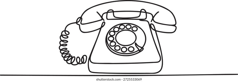 Una línea continua de un viejo teléfono rotativo. Diseño dibujado a mano que captura la comunicación vintage con un estilo simple y elegante. Teléfono retro. Dibujo de una sola línea de un teléfono fijo clásico. Concepto de conectividad anticuado. Gráfico del teléfono de marcación de Antiguas. Simple contorno de teléfono antiguo. Ilustración de comunicación tradicional. Arte minimalista del teléfono antiguo. Dispositivo clásico de línea fija de carrera continua.