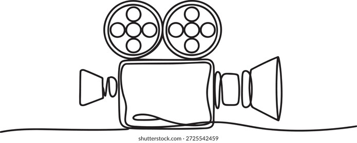 Uma arte de linha contínua de uma câmera de filme antiga. Design desenhado à mão capturando filmes antigos com um estilo simples e elegante. Câmera retrô. Desenho de linha única de um equipamento de cinema clássico. 


