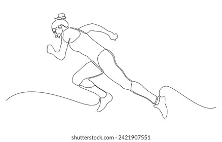 one continuous line art of people running in outline. woman olympic run. editable line and stroke weight.