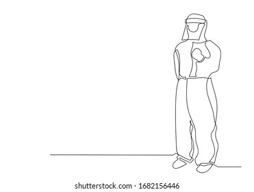 One continuous line art of professional medical doctor wearing face mask or medical to protect from coronavirus, Illustration COVID-19 symbol