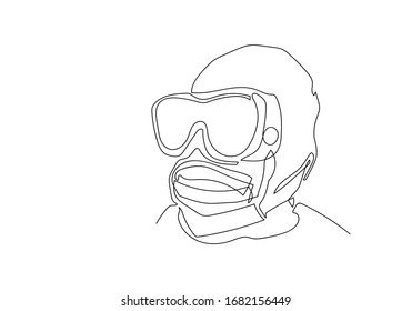 One continuous line art of professional medical doctor wearing face mask or medical to protect from coronavirus, Illustration COVID-19 symbol