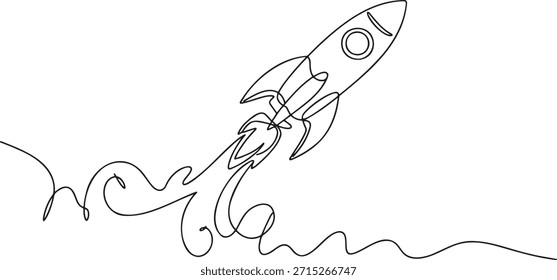 One continuous line art of rocket taking off into sky. Startup concept representing rapid growth and progress. Space exploration and new technological beginning illustrated through simple graphic style. Minimalist drawing of vehicle leaving earth for future cosmic travel and discovery.