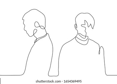 One continuous line art silhouette of two men who turned away from each other. Black outline drawing of people. The concept of quarrel, disagreement, misunderstanding, conflict. Vector illustration