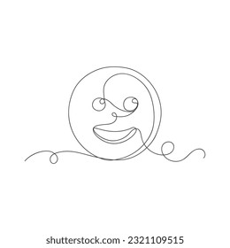 One continuous line art smiling face isolated vector illustration on white background.