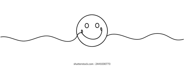 One continuous line art smiling face isolated vector illustration on white background.