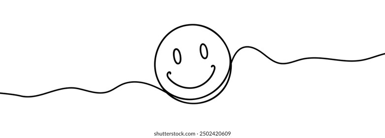 One continuous line art smiling face isolated vector illustration on white background.