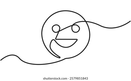 One continuous line art smiling face isolated vector illustration