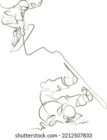 One Continuous Line Art Snowboarding epic jump fail fall down crash extreme sport danger caution