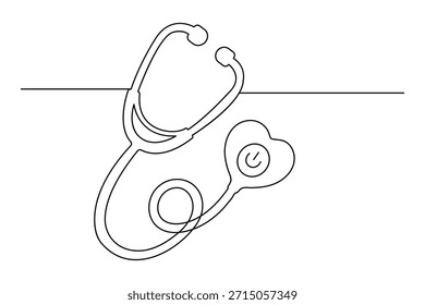 One continuous line art of a stethoscope with a heart shaped chest piece and power button icon