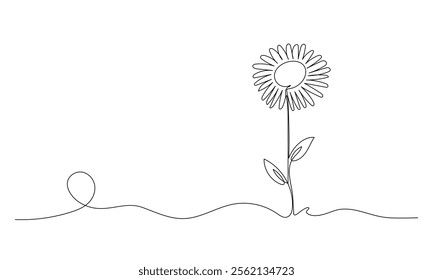 One continuous line art sun flower hand- isolated on white background.Vector illustration