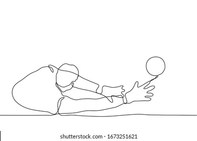 One continuous line art torso of a soccer player catching the ball with his hands. Black outline drawing of a goalkeeper in a football uniform on a white background.