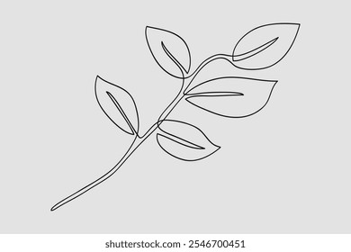 One continuous line art twig with leaves botanical hands-drawing .Vector illustration