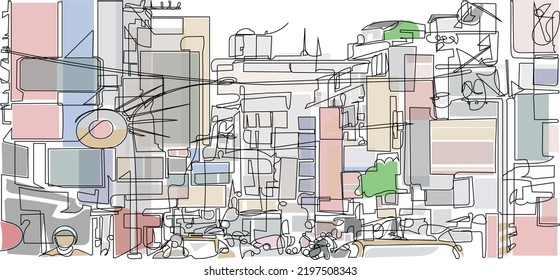 One continuous line art vector Taiwan street view tainan Taizhong Taipei crowded town with store signs