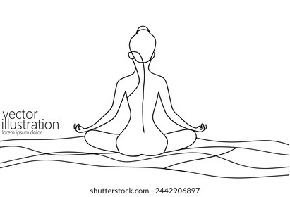 One continuous line art yoga woman. Girl in lotus pose antistress meditation minimalist isolated sketch ink drawing. Vector illustration