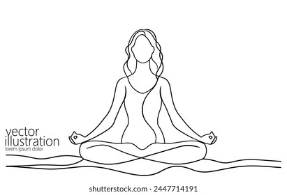  One continuous line art yoga woman. Girl in lotus pose antistress meditation minimalist isolated sketch ink drawing. Vector illustration