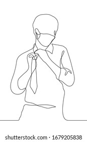 One continuous line art of a young man with glasses, a shirt and a tie on his face with a protective medical mask. He experiences signs of suffocation, unties his tie. It can be used for animation.