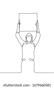 One continuous line art of a young woman in a hat standing with a blank poster raised above her head. Black vector outline of a protesting woman attracting attention isolated on a white background. 