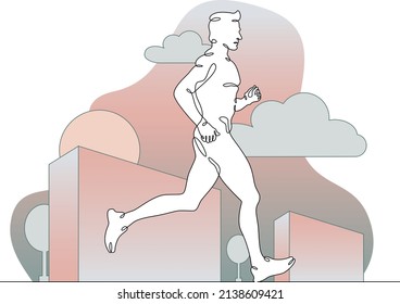 One continuous line. Athlete runner on a run. Jogging on a city background. Sports in the city. A man runs in nature.Continuous art line drawing isolated white background.Flat design.