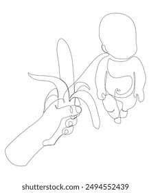 One continuous line of baby with banana. Thin Line Illustration vector concept. Contour Drawing Creative ideas.