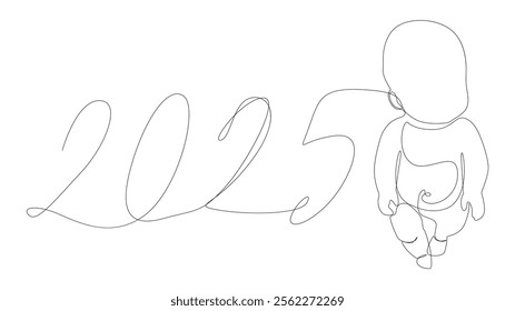 One continuous line of Baby with number 2025. Thin Line Illustration vector concept. Contour Drawing Creative ideas.