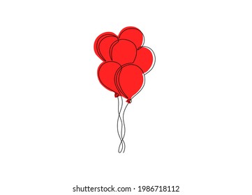 One continuous line balloons. Monoline design of birthday celebration balloon, holiday kids decoration concept. Vector simple illustration