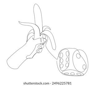One continuous line of banana and dice. Thin Line Illustration vector concept. Contour Drawing Creative ideas.