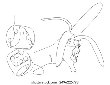 One continuous line of banana and dice. Thin Line Illustration vector concept. Contour Drawing Creative ideas.