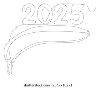 One continuous line of Banana with number 2025. Thin Line Illustration vector concept. Contour Drawing Creative ideas.