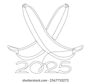One continuous line of Banana with number 2025. Thin Line Illustration vector concept. Contour Drawing Creative ideas.
