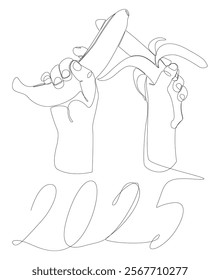 One continuous line of Banana with number 2025. Thin Line Illustration vector concept. Contour Drawing Creative ideas.