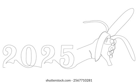 One continuous line of Banana with number 2025. Thin Line Illustration vector concept. Contour Drawing Creative ideas.