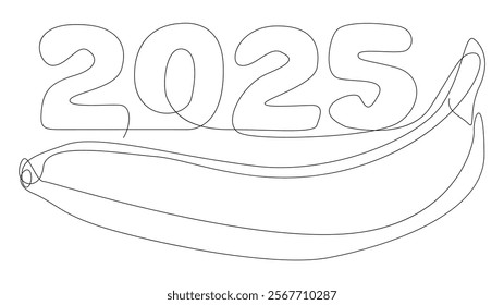 One continuous line of Banana with number 2025. Thin Line Illustration vector concept. Contour Drawing Creative ideas.