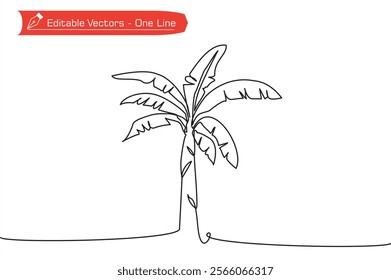 One continuous line of banana tree hand drawn. Vector illustration of one line hand drawn as symbol, icon, logo of agriculture, plantation, botany.