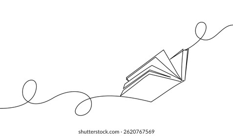 Um livro de voo aberto com banner de linha contínua. Conceito de biblioteca de educação e conhecimento em estilo de linha simples. Ilustração de vetor de rabiscar
