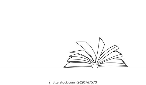 One continuous line banner open book lies on table. Education and knowledge library concept in simple linear style. Doodle vector illustration