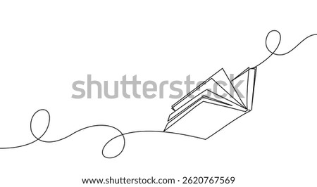 One continuous line banner open flying book. Education and knowledge library concept in simple line style. Doodle vector illustration