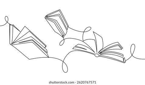 One continuous line banner of openflying books. Education and knowledge library concept in simple line style. Doodle vector illustration