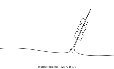 One continuous line barbeque grilled marshmallow. Doodle style meat grill fire cooking picnic. BBQ holiday outdoor vector illustration
