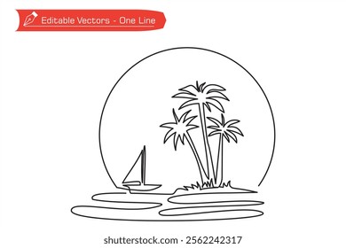 One continuous line of beach, boat and coconut tree images. Vector illustration of boat, coconut tree on beach with circle frame of sun or moon symbol. Beach image as symbol, icon of travel, vacation