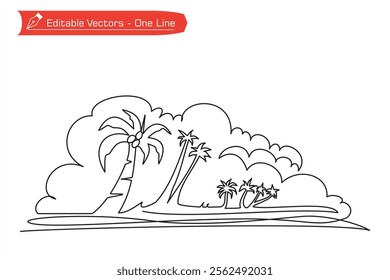 One continuous line of beach image with rows of coconut trees framed by clouds as symbol of sea tourism icon. Vector illustration of beauty in nature one line of beach image with rows of coconut trees