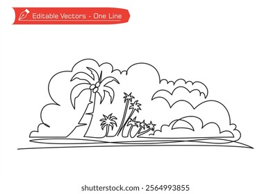 One continuous line of beach image, row of coconut trees with cloud frame. Vector illustration of one line cloudy beach image with row of coconut trees with beauty in nature theme.