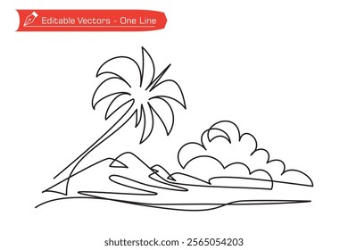 One continuous line of beachside image with panorama of coconut trees, mountains and clouds. Vector illustration of one line beach image. Simple line icon, symbol, logo Beauty in nature of beach.