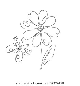 One Continuous Line of a Beautiful Chamomile Flower with Leaves and Butterfly. Hand drawn spring herbs and plants. Abstract floral sketch in one continuous line drawing. Perfect as a logo, tattoo