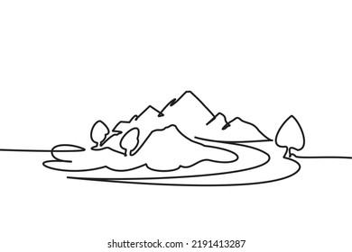 One continuous line of beautiful mountain drawing illustration. Vector illustration of mountains, nature, trees, forest, roads and rivers. Simple line of mountain wallpaper images for printing.
