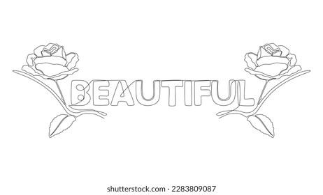 Una línea continua de bella palabra con flores de rosa. Concepto vectorial de Ilustración de líneas delgadas. Contour Drawing Ideas Creativas.